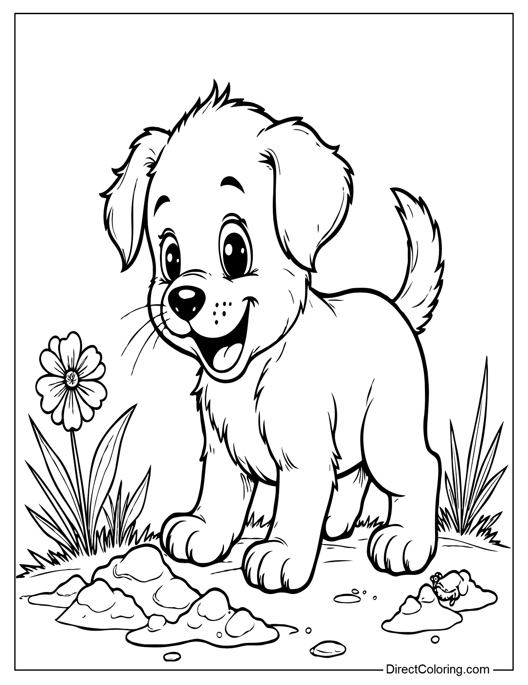 Puppy in Garden Coloring Page for Kids